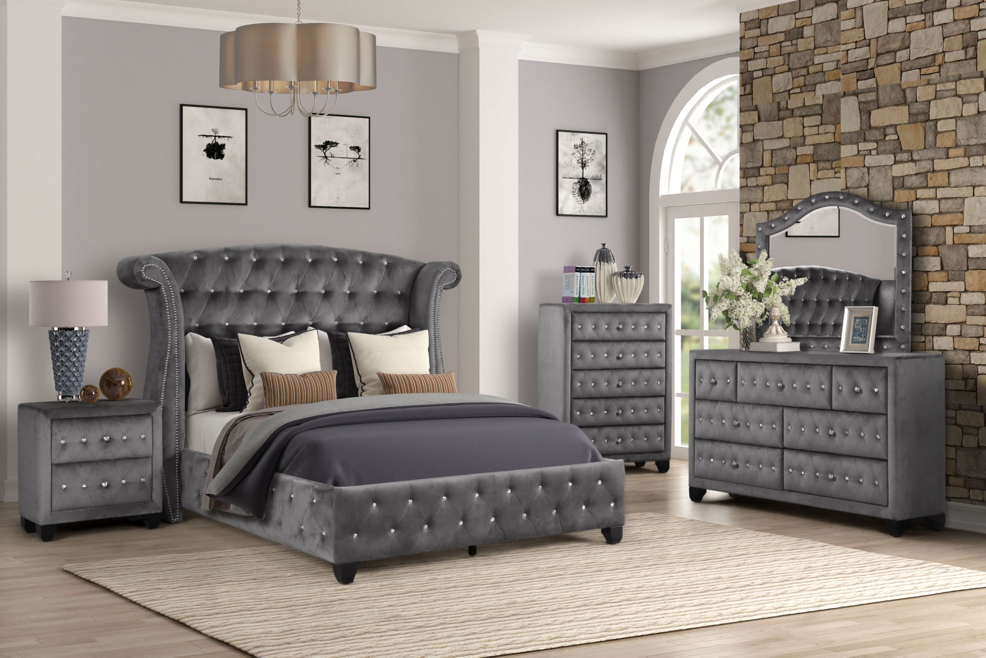 Sophia Queen 5-N Upholstery Bedroom Set Made With Wood in Gray
