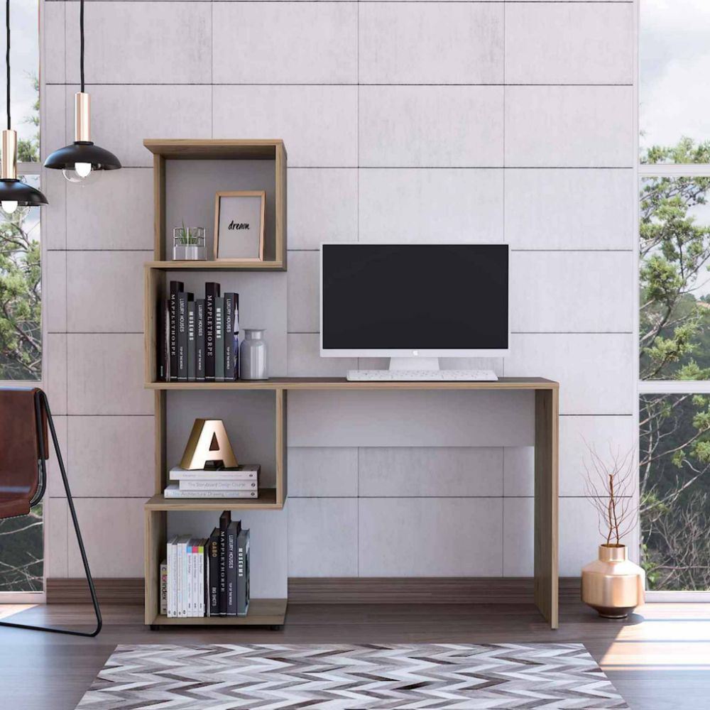 Computer Desk Jayess with Four-Tier Storage Shelves, Light Oak / White