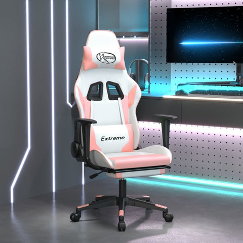 Gaming Chair with Footrest White and Pink Faux Leather