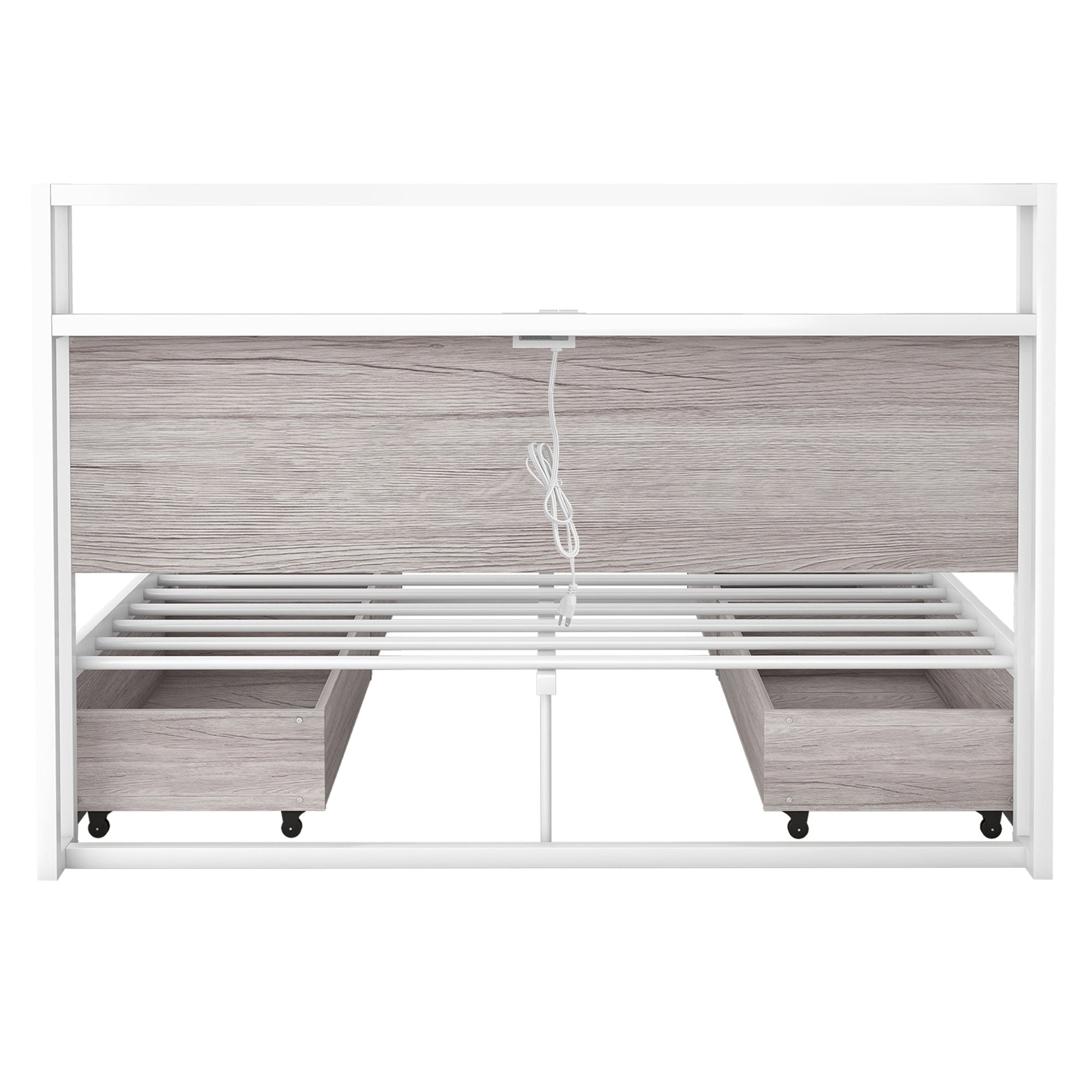Full Size Metal Platform Bed Frame with  Four Drawers,Sockets and USB Ports ,Slat Support No Box Spring Needed