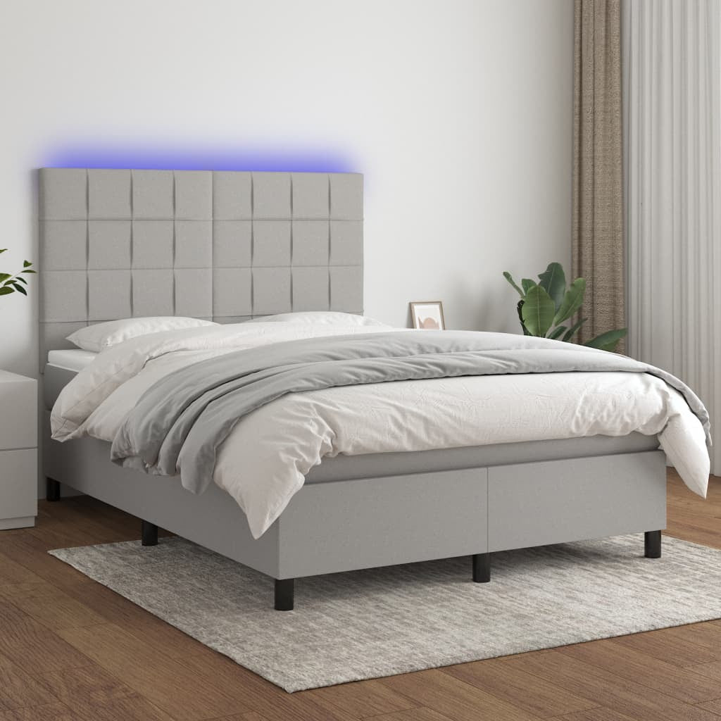 Box Spring Bed with Mattress&LED Light Gray Full Fabric