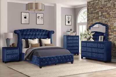 Sophia Full 5 Pc Upholstery Bedroom Set Made With Wood in Blue