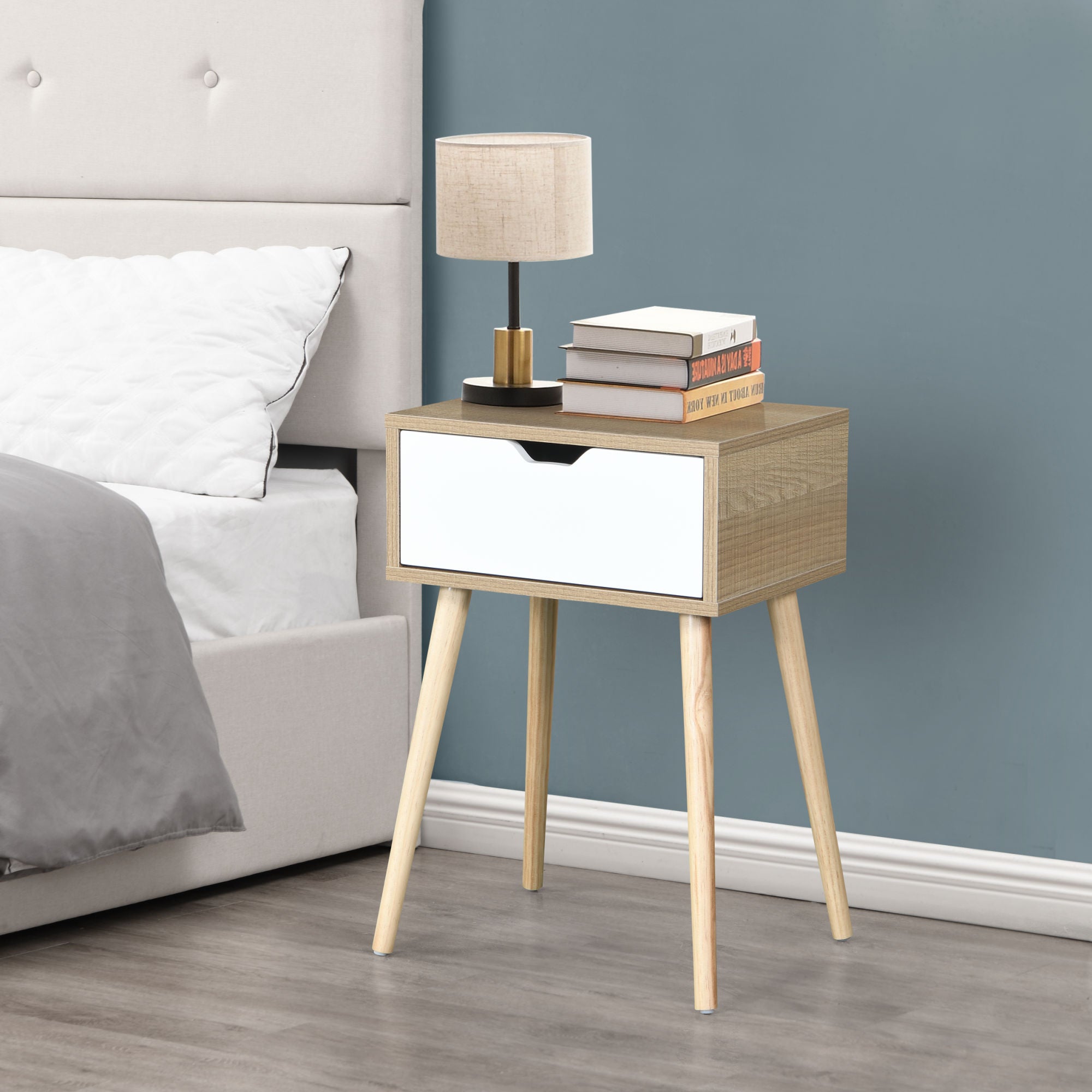 Side Table with 1 Drawer and Rubber Wood Legs;  Mid-Century Modern Storage Cabinet for Bedroom Living Room Furniture;  White with solid wood color