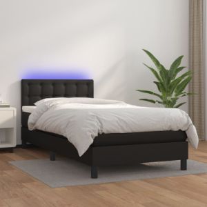 Box Spring Bed with Mattress&LED Black Twin Faux Leather