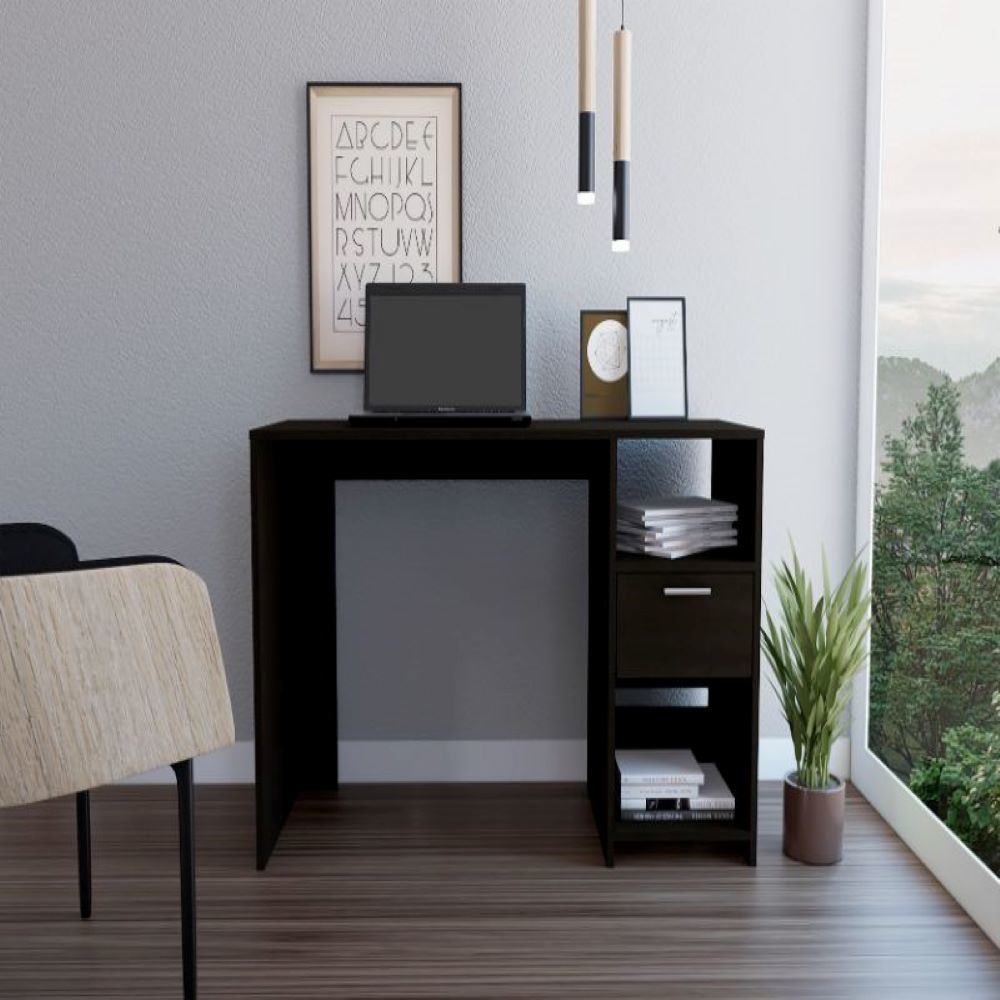Computer Desk Odessa with Single Drawer and Open Storage Cabinets, Black Wengue Finish