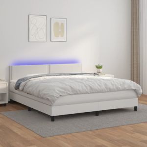 Box Spring Bed with Mattress&LED White Queen Faux Leather