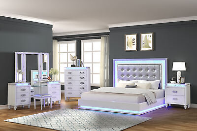 Passion King 5 Pc Vanity LED Bedroom Set Made with Wood in Milky White