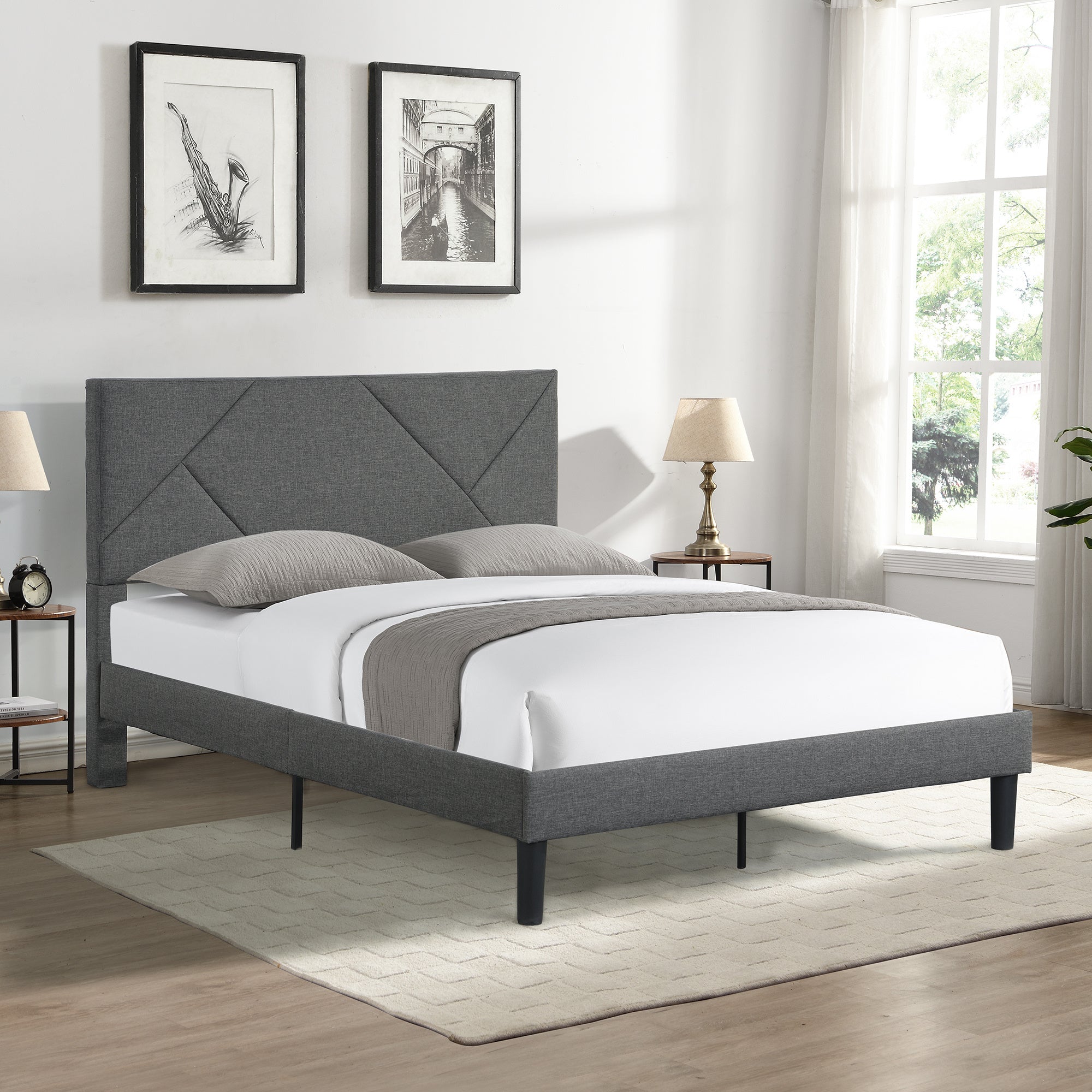Queen Size Upholstered Platform Bed Frame with Headboard;  Strong Wood Slat Support;  Mattress Foundation;  No Box Spring Needed;  Easy Assembly;  Gray