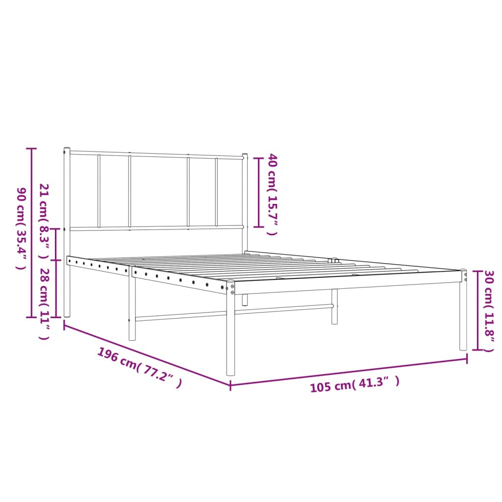 Metal Bed Frame with Headboard White 39.4"x74.8"