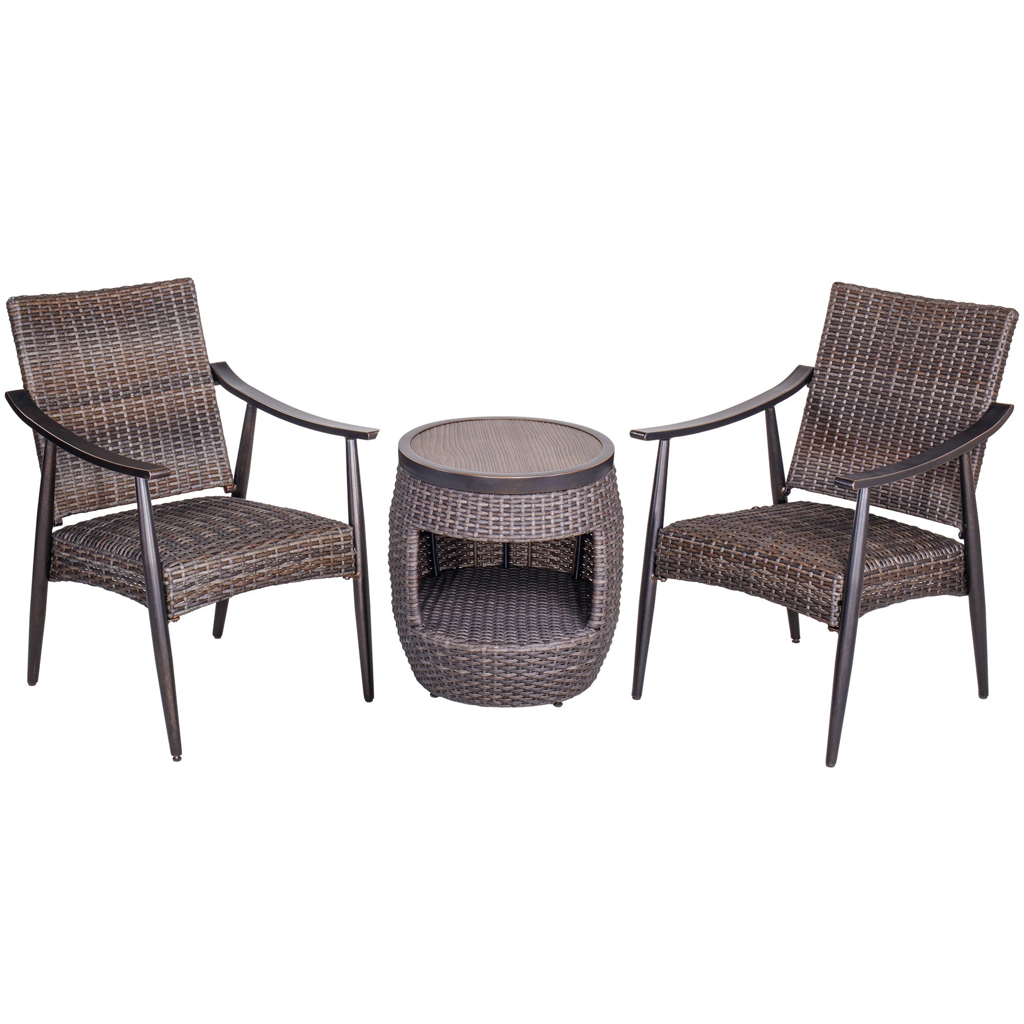 [Dropshipping] 3 Piece Patio Conversation Set Outdoor Bistro Furniture, Wicker Mid-Century Style Chair with Crafttech Top Wicker Coffee Table