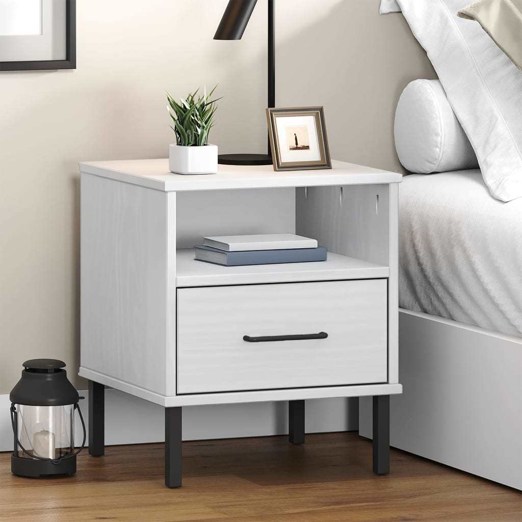 Bedside Cabinet with Metal Legs White Solid Wood Pine OSLO