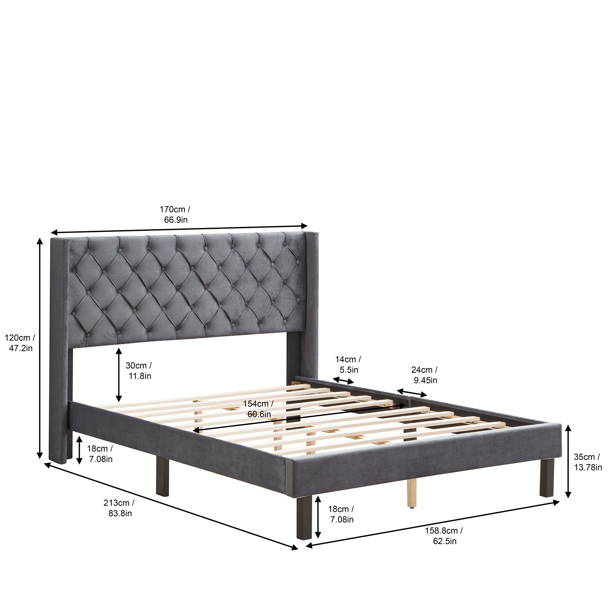 Upholstered Bed with Wings Design - Strong Wood Slat Support - Easy Assembly - Dark Gray Velvet;  Queen;  platform bed