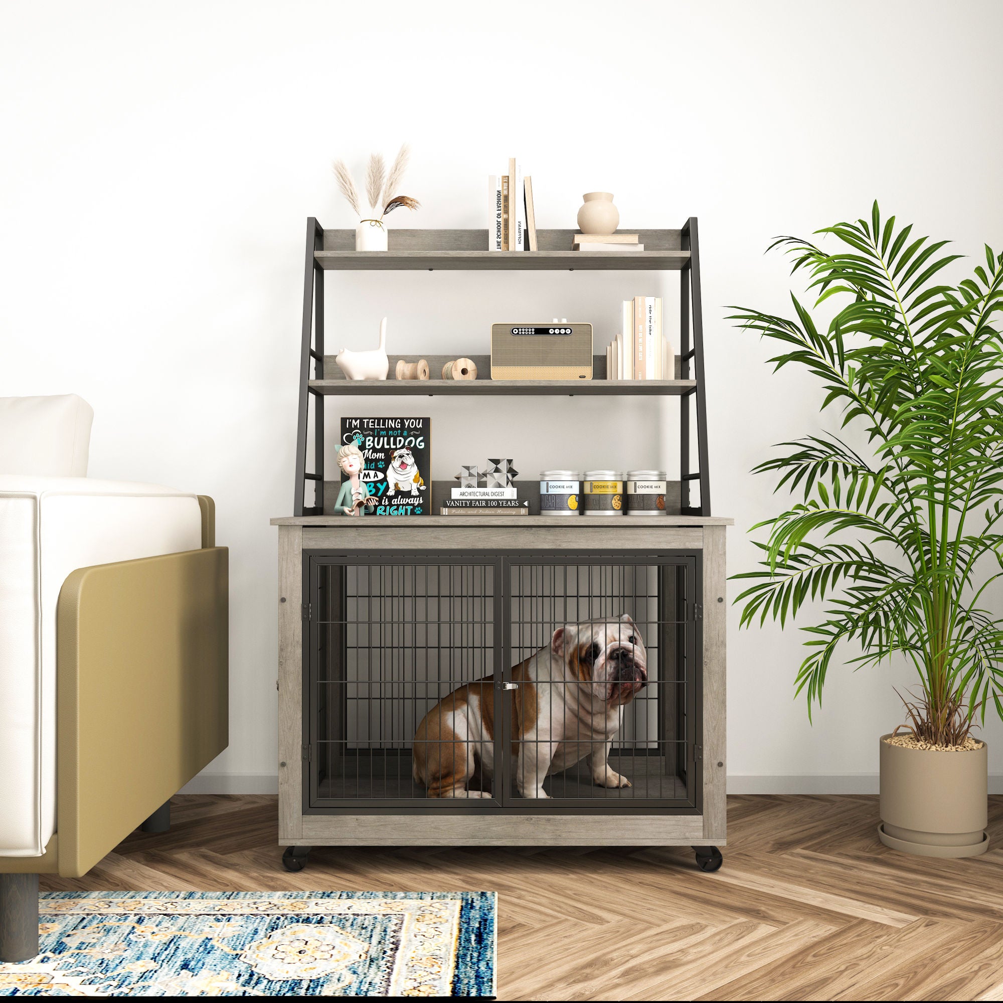 Furniture style dog crate side table with shelves, equipped with double doors and a raised roof. Grey, 38.58 ''w x 25.5 ''d x 57 ''h