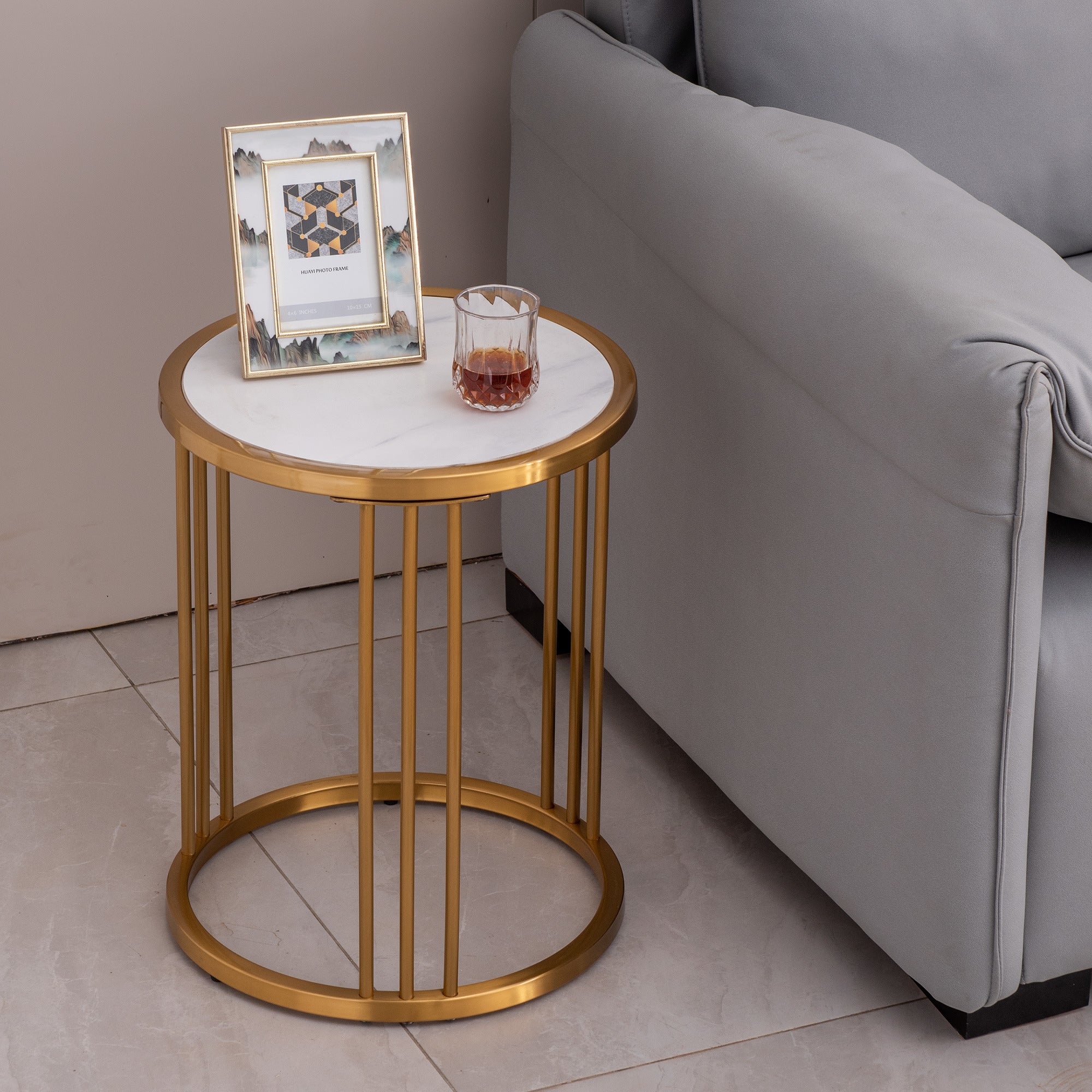 Sintered stone round side/end table with golden stainless steel frame