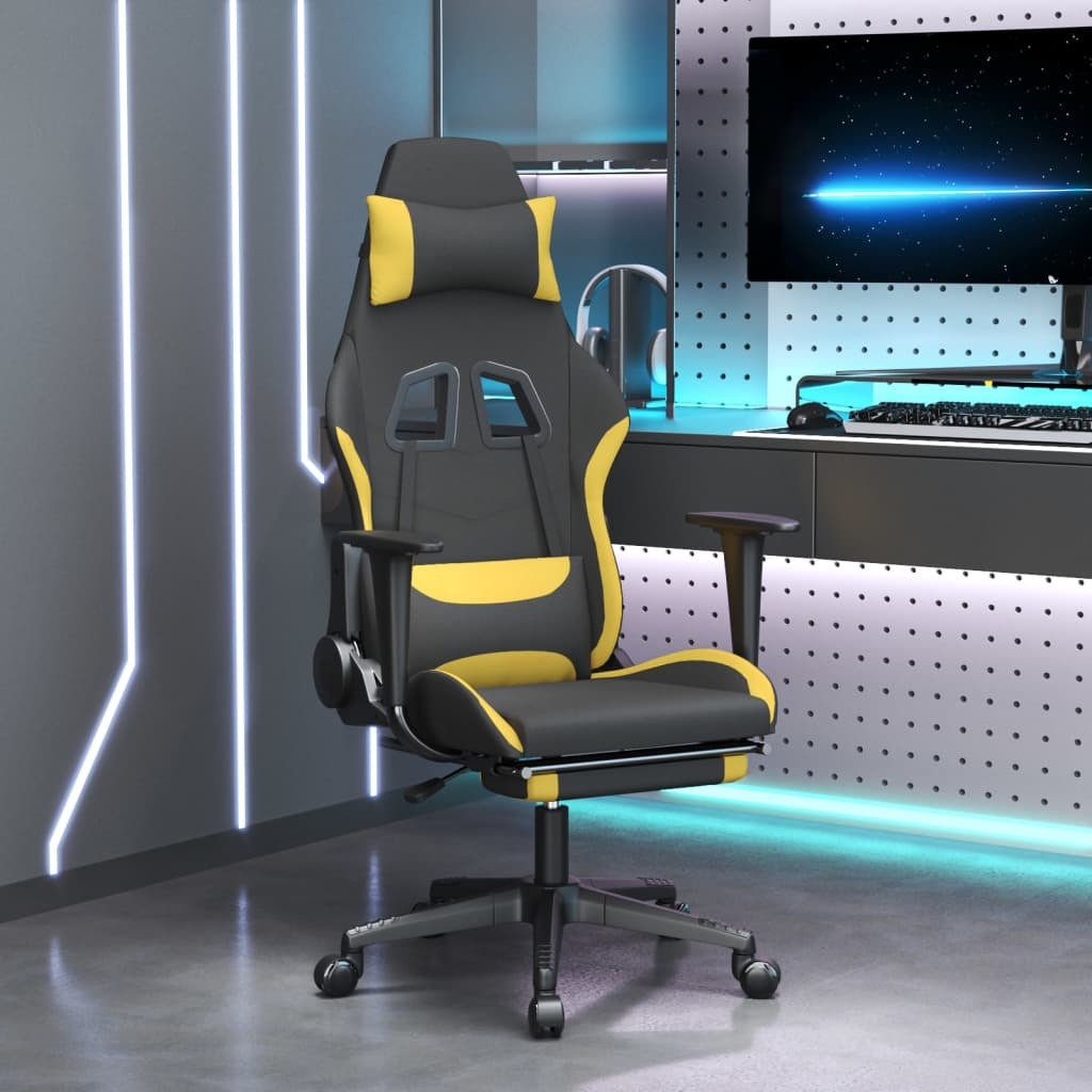 Massage Gaming Chair with Footrest Black and Yellow Fabric