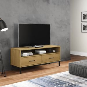 TV Cabinet with Metal Legs Brown Solid Wood Pine OSLO