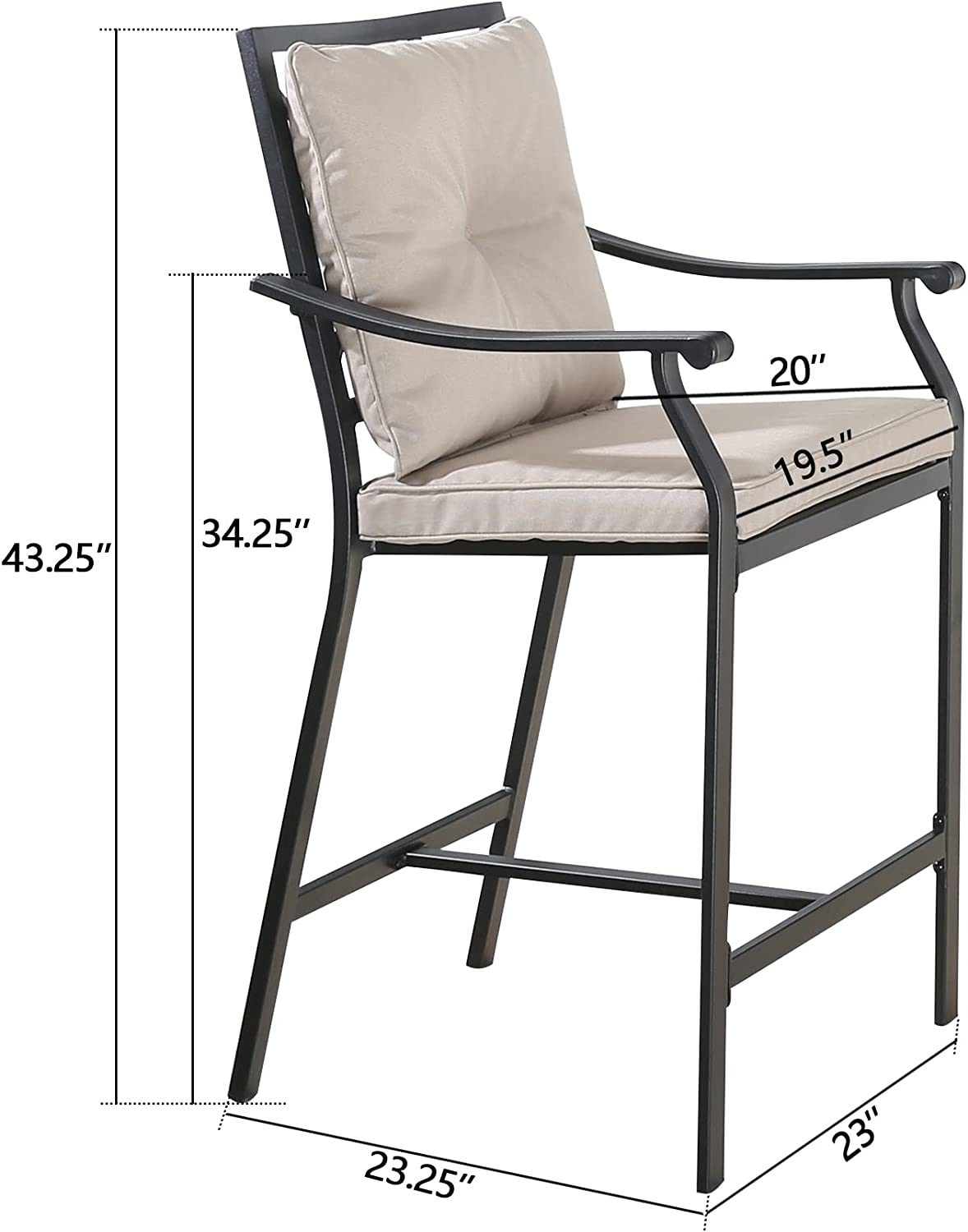 Patio Bar Stools Set of 2 Outdoor Bar Height Chairs Patio Furniture Steel Chairs with Armrest and Cushions for Outdoor Indoor