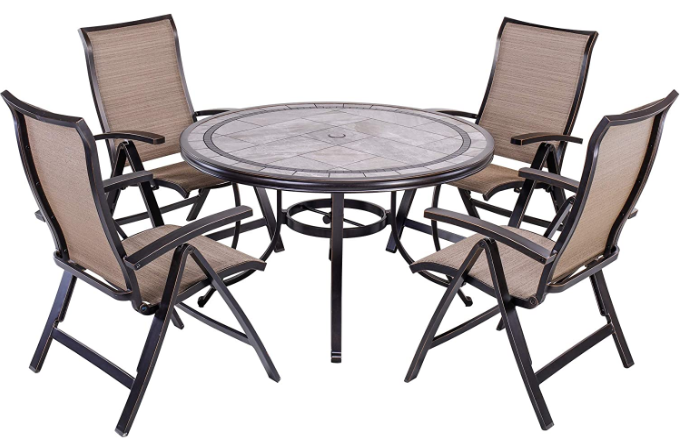 [Dropshipping] 5 Piece Outdoor Dining Set Patio Furniture, Aluminum Folding Chair Sling Chair Set with 46 inch Round Mosaic Tile Top Aluminum Table