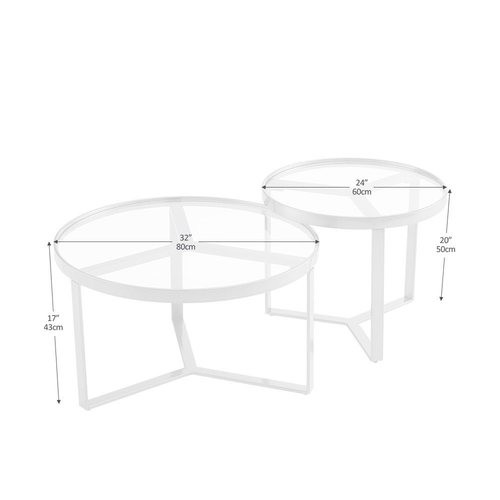 Modern Nesting coffee table; Golden metal frame with round tempered glass tabletop