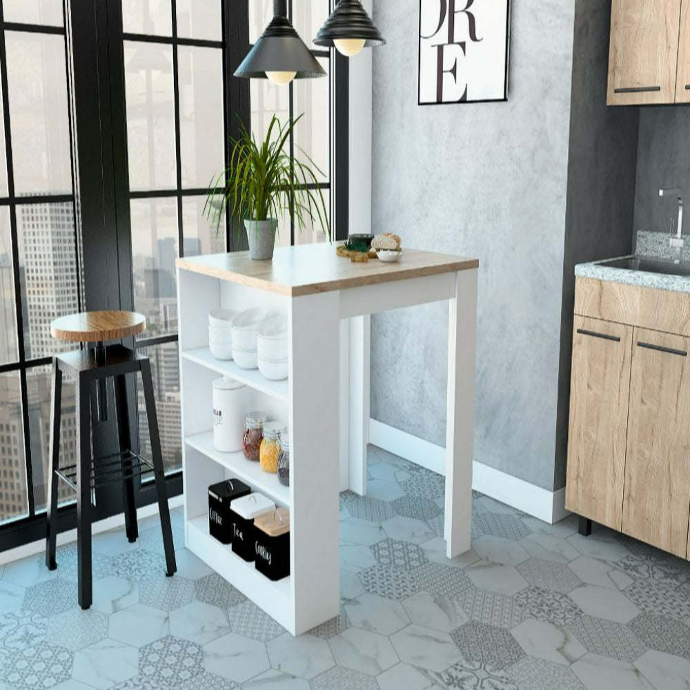 Kitchen Counter Dining Table Toledo,Three Side Shelves, White / Light Oak Finish