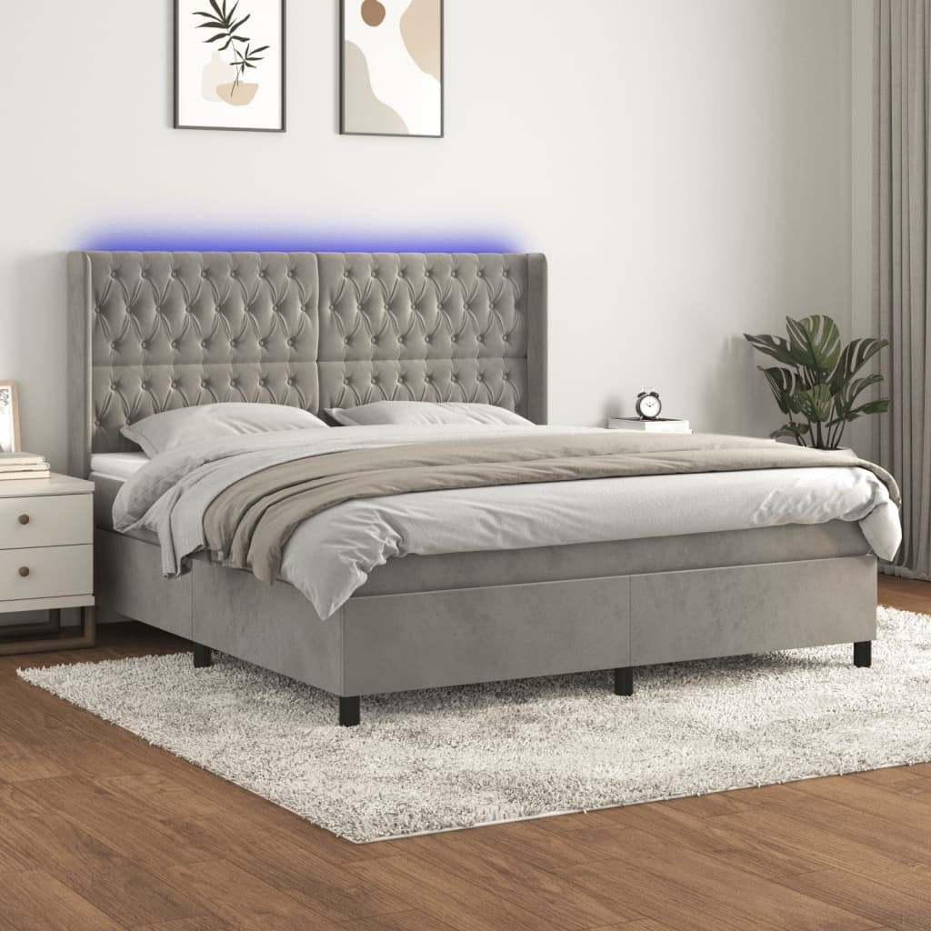 Box Spring Bed with Mattress&LED Light Gray Queen Velvet