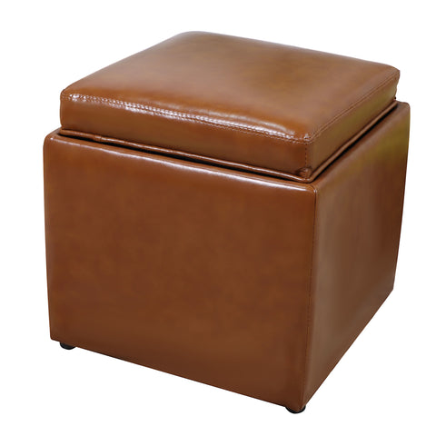 Square Storage Ottoman with Tray Faux Leather Upholstered Footrest Stool