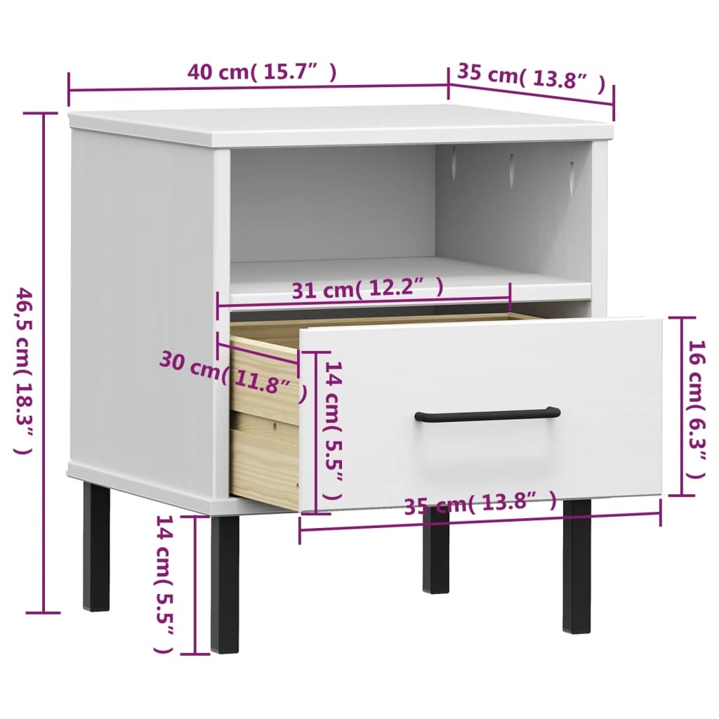 Bedside Cabinet with Metal Legs White Solid Wood Pine OSLO