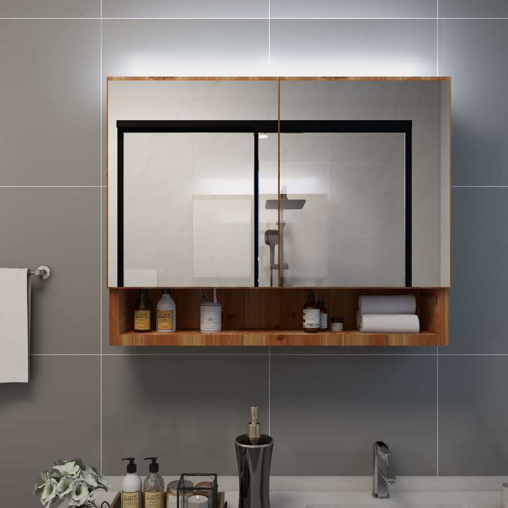 LED Bathroom Mirror Cabinet Oak 31.5"x5.9"x23.6" MDF