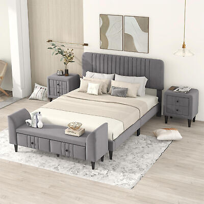 4-Pieces Bedroom Sets Full Size Upholstered Platform Bed with Two Nightstands