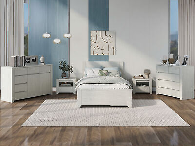 5 Pieces Off White Simple Style Manufacture Wood Bedroom Sets with Twin bed,