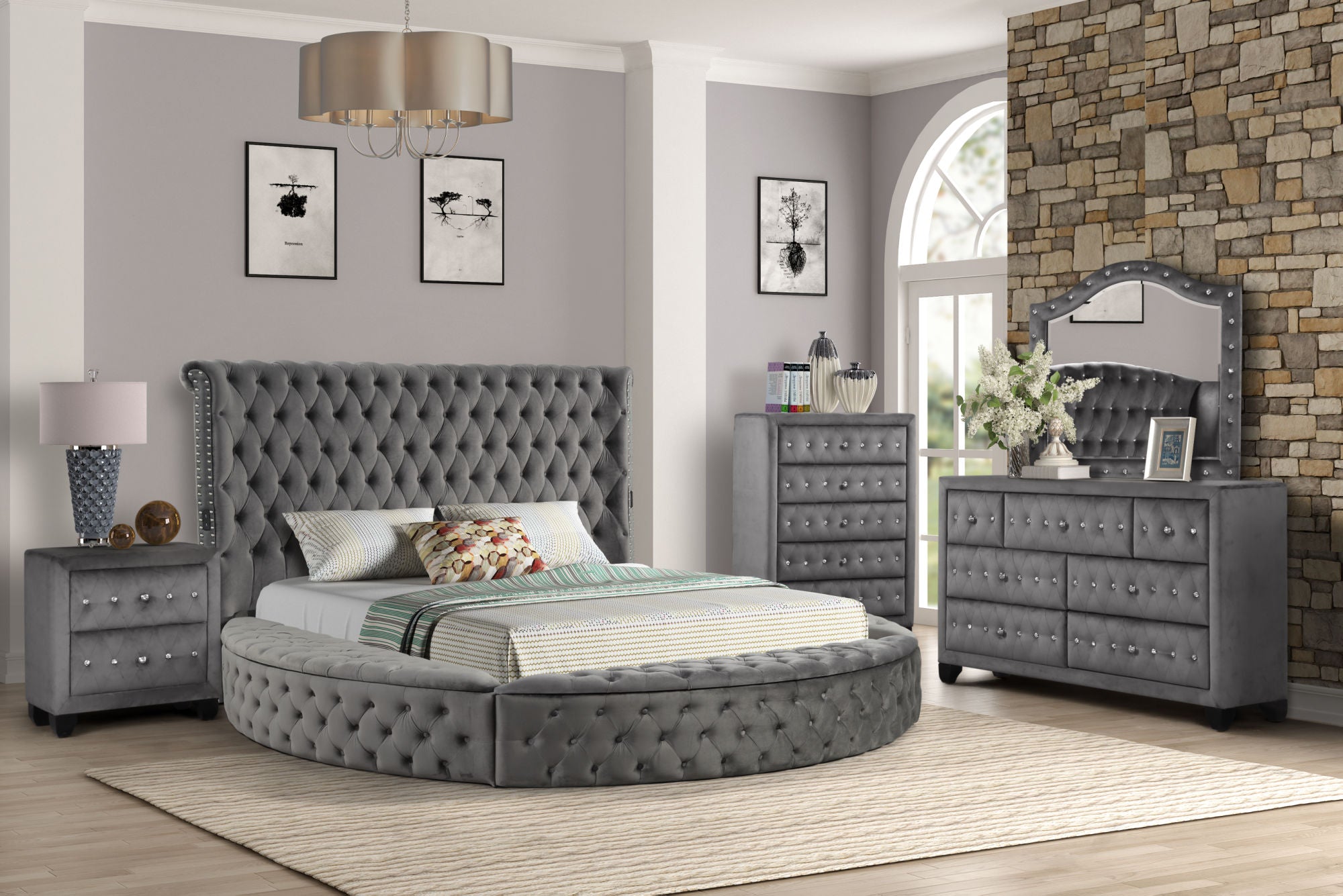 Hazel Queen 5 Pc Tufted Upholstery Bedroom Set Made with Wood In Gray