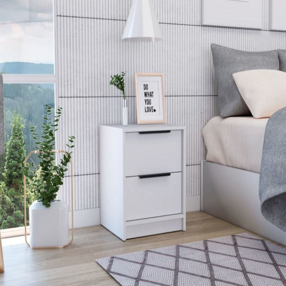 Nightstand Cervants, Two Drawers, Metal Handle, White Finish