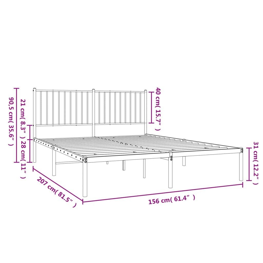 Metal Bed Frame with Headboard Black 59.8"x78.7"