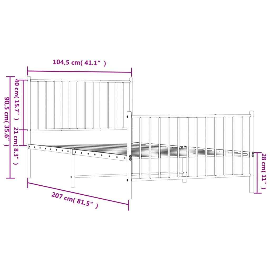 Metal Bed Frame with Headboard and Footboard White 39.4"x78.7"