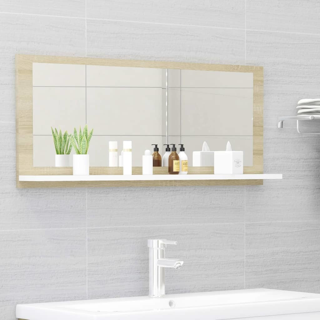 Bathroom Mirror White and Sonoma Oak 35.4"x4.1"x14.6" Engineered Wood