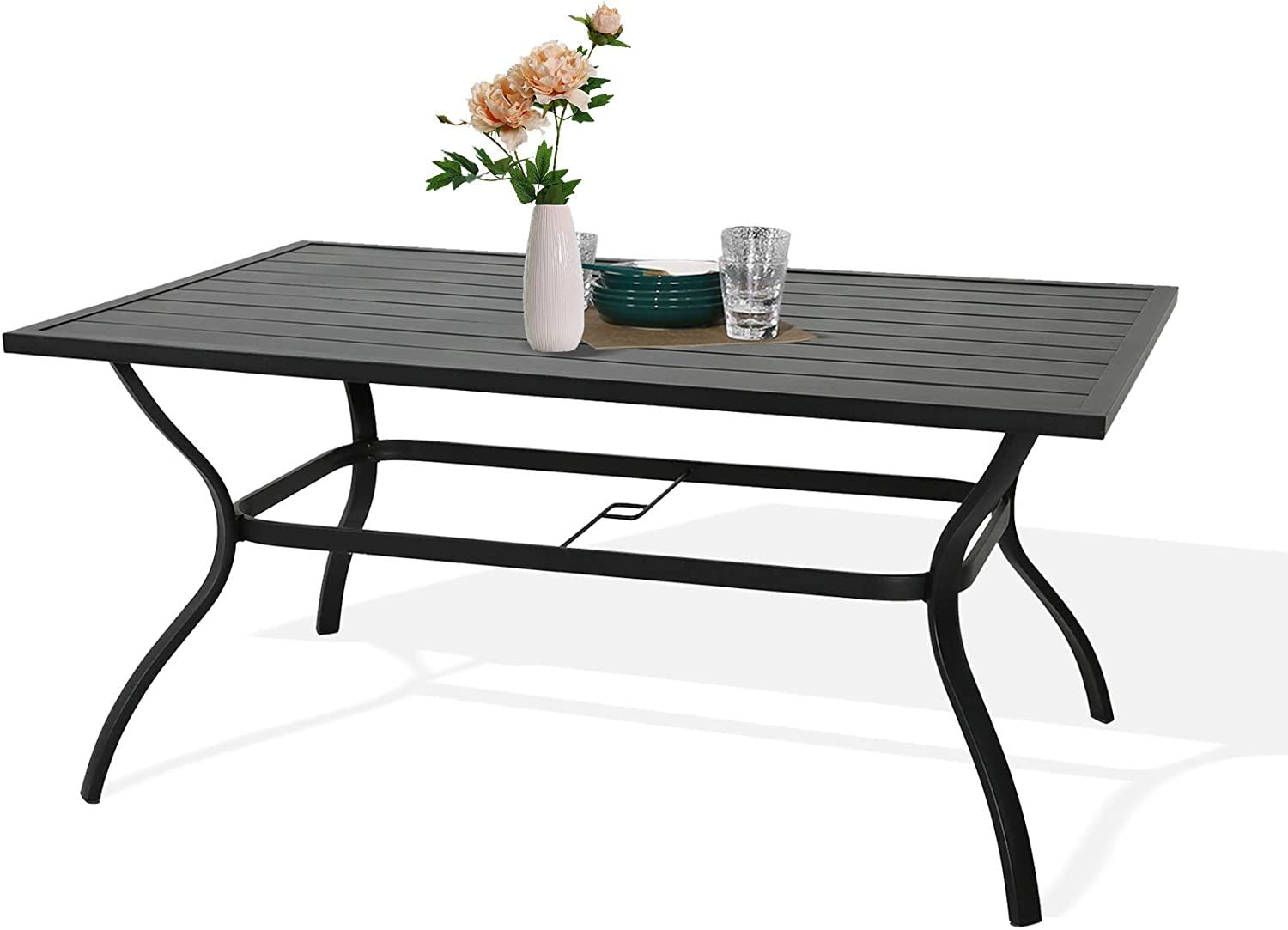 Outdoor Metal Slat Dining Table Patio Rectangle Bistro Table Outdoor Furniture Garden Table with Umbrella Hole