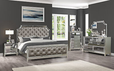 Harmony Queen 4 PC Mirror Front Bedroom set made with Wood in Silver Color