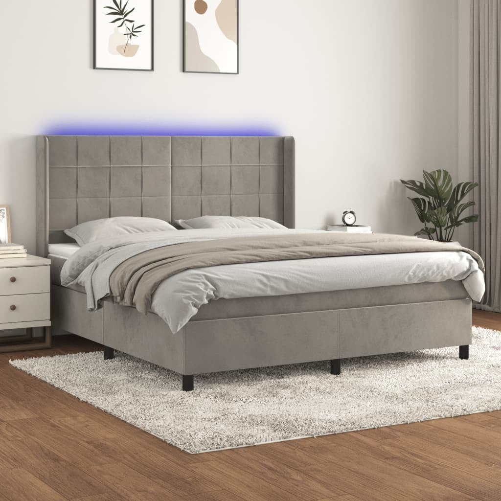Box Spring Bed with Mattress&LED Light Gray Queen Velvet