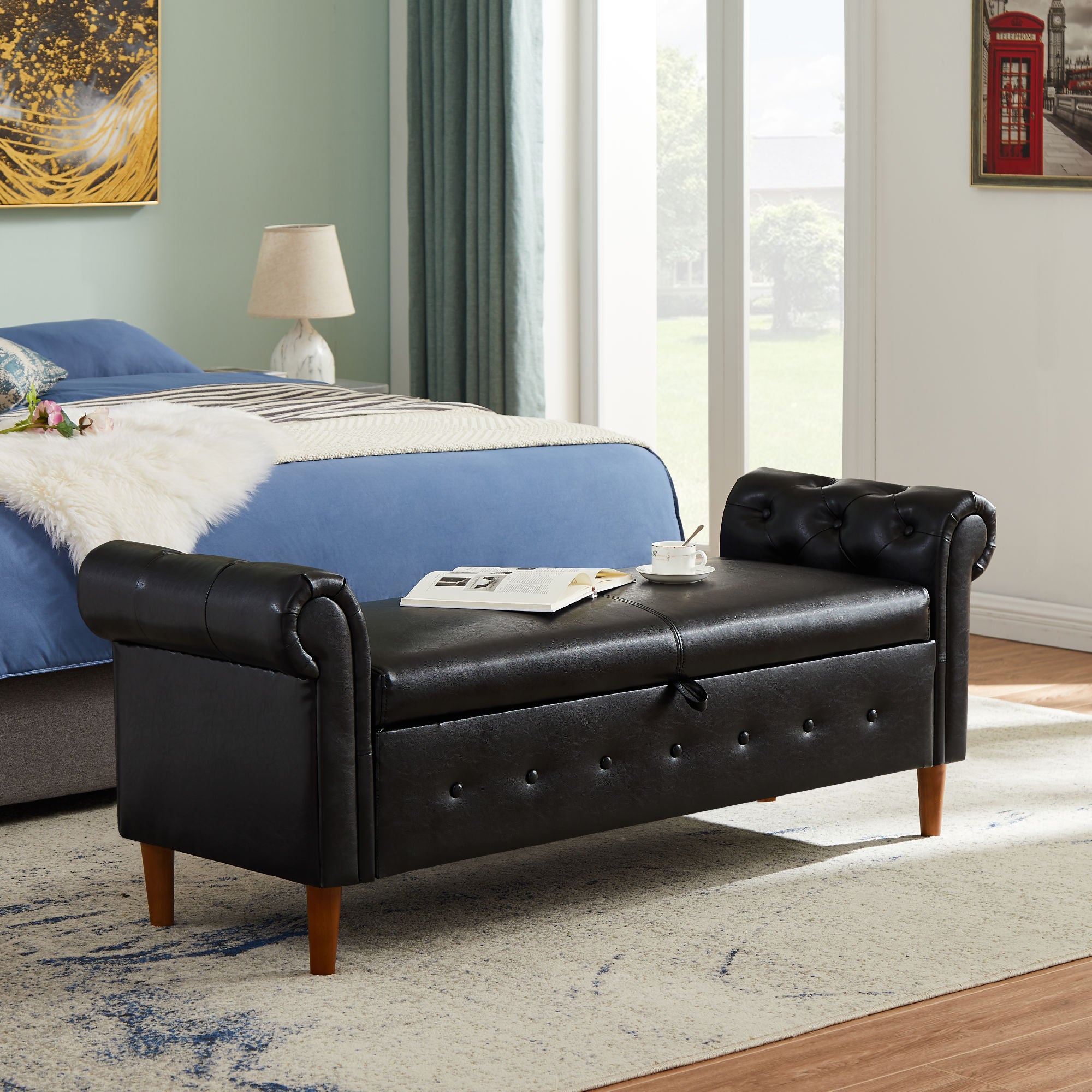 Multifunctional Storage Rectangular PU Leather Sofa Stool for Living Room