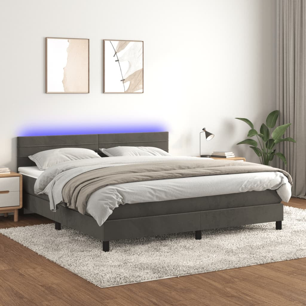 Box Spring Bed with Mattress&LED Dark Gray California King Velvet