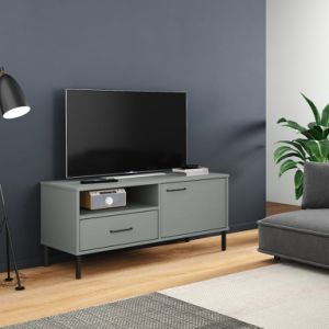 TV Cabinet with Metal Legs Gray Solid Wood Pine OSLO