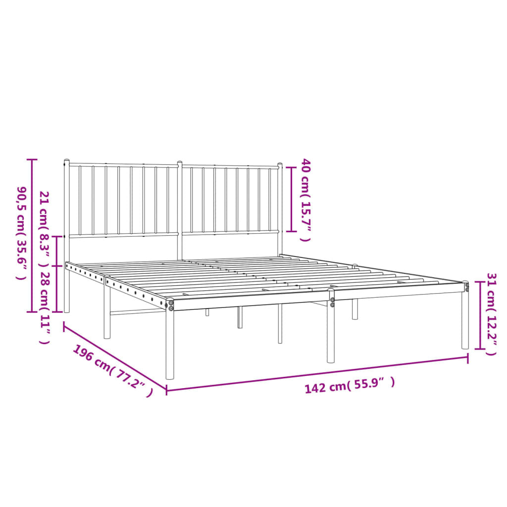 Metal Bed Frame with Headboard Black 53.9"x74.8"