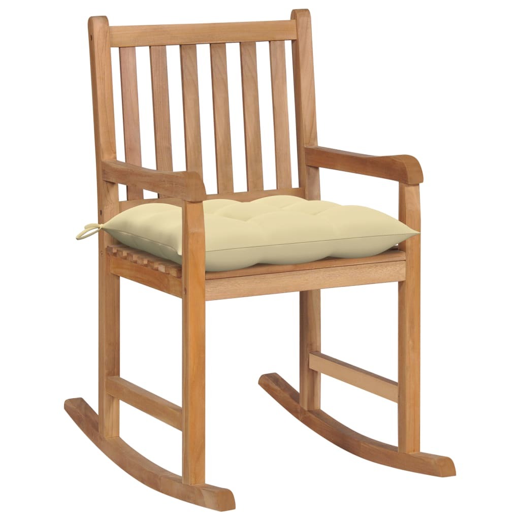 Rocking Chair with Cream White Cushion Solid Teak Wood