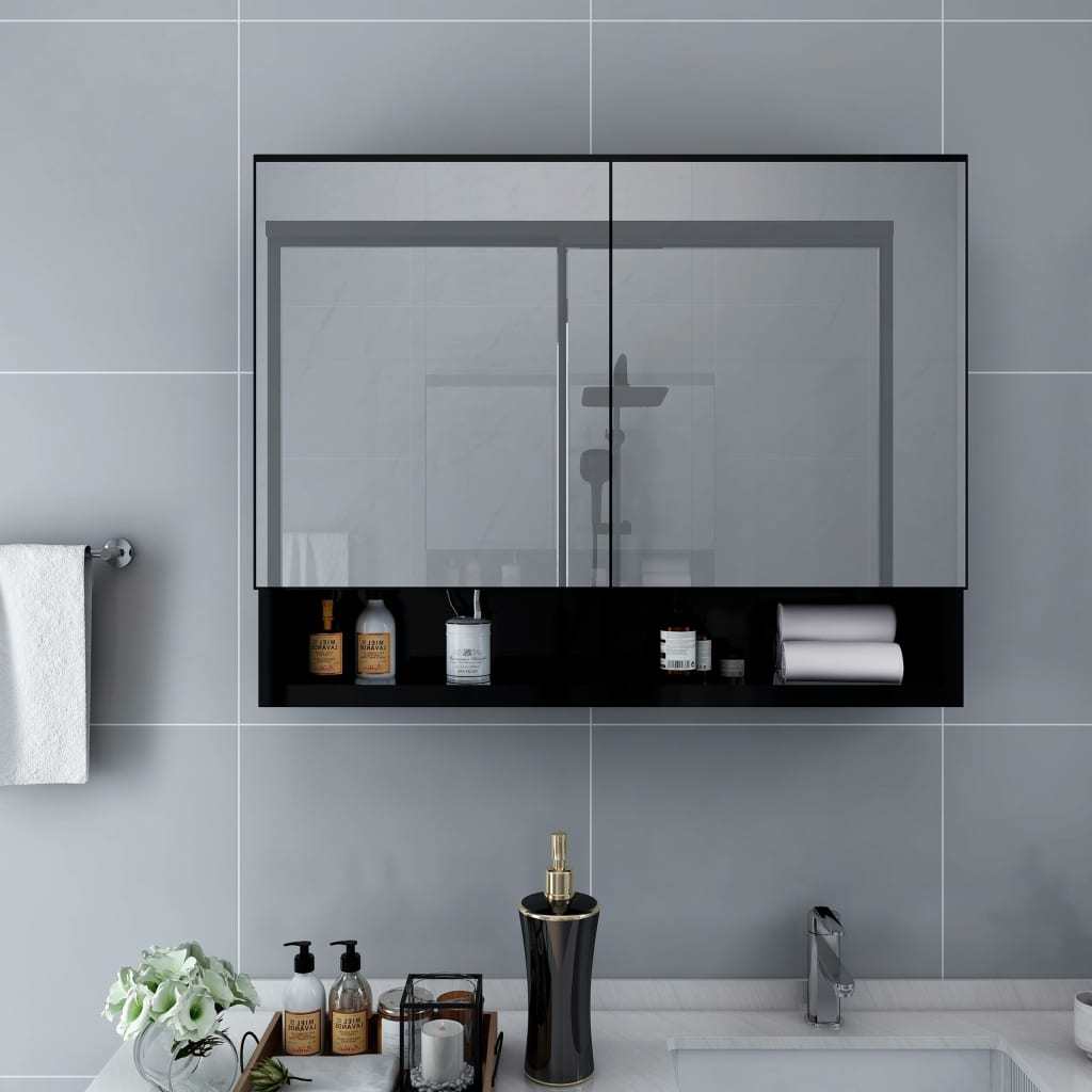LED Bathroom Mirror Cabinet Black 31.5"x5.9"x23.6" MDF