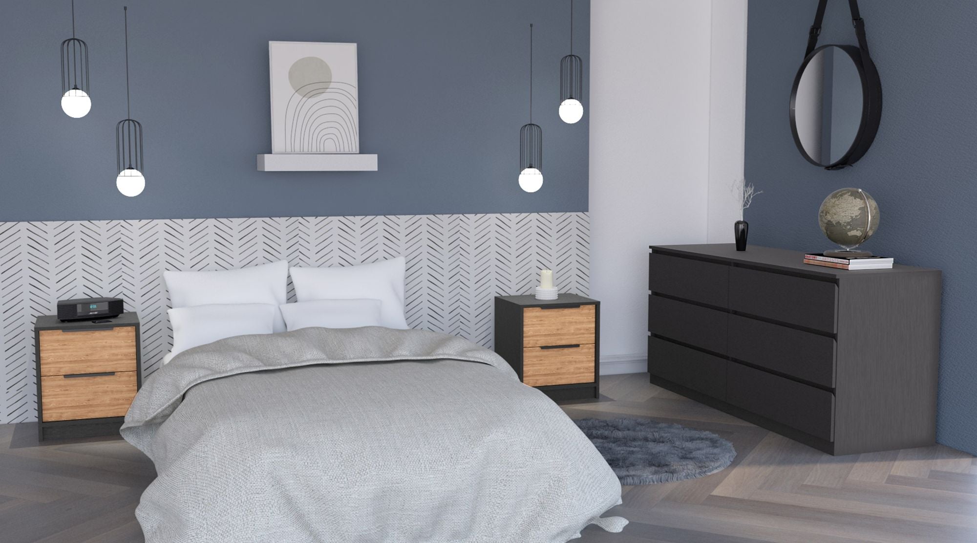 Sydney 3 Piece Bedroom Set, Nightstand + Nightstand + Drawer Dresser, Black / Pine