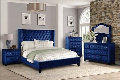Allen King 4 Pc Tufted Upholstery Bedroom Set made with Wood in Blue