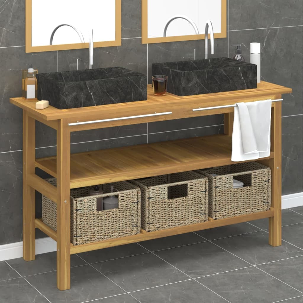 Bathroom Vanity Cabinet with Black Marble Sinks Solid Wood Teak