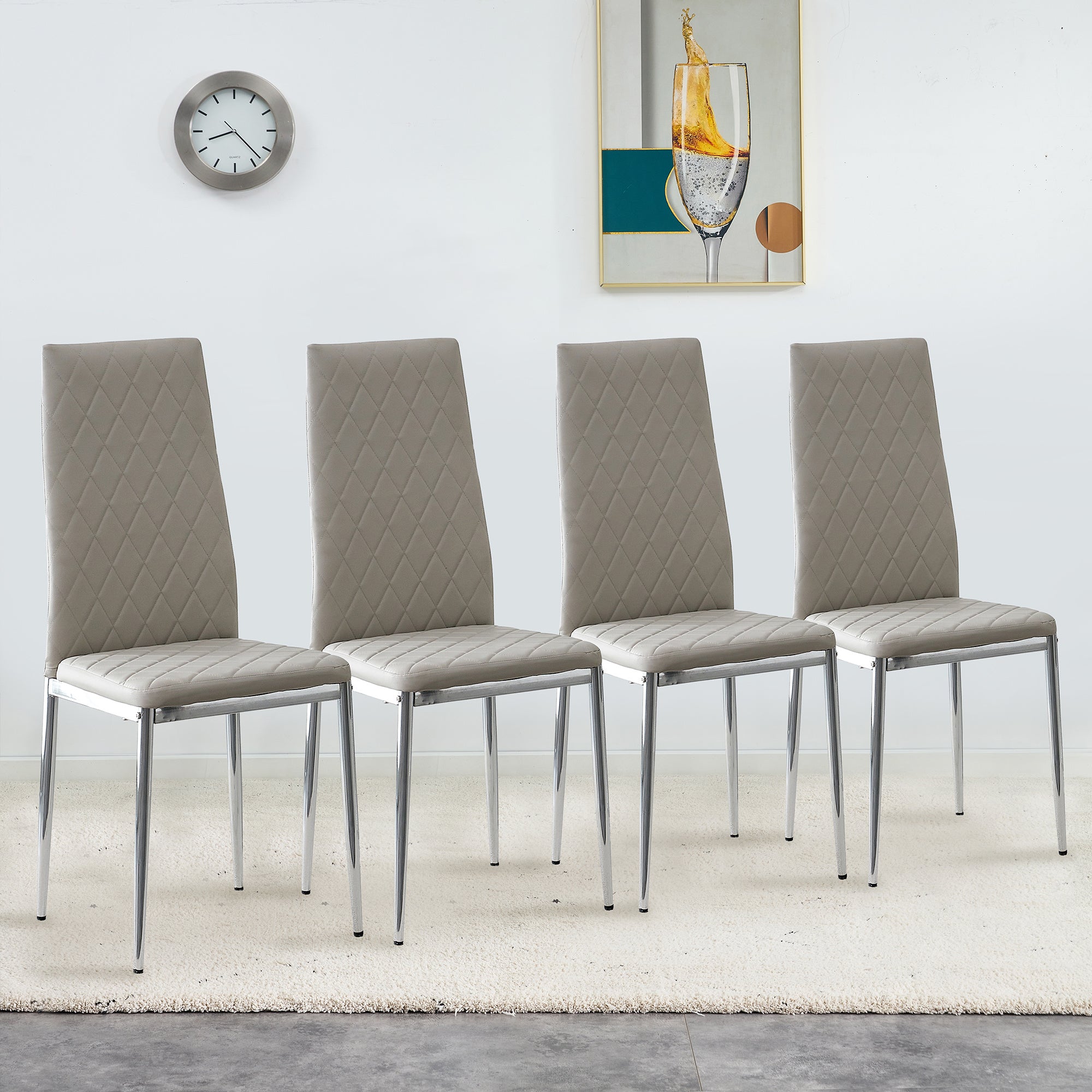 Grid Shaped Armless High Back Dining Chair, 4-piece set, Office Chair. Applicable to DiningRoom, Living Room, Kitchen and Office. Chair and Electroplated Metal Leg