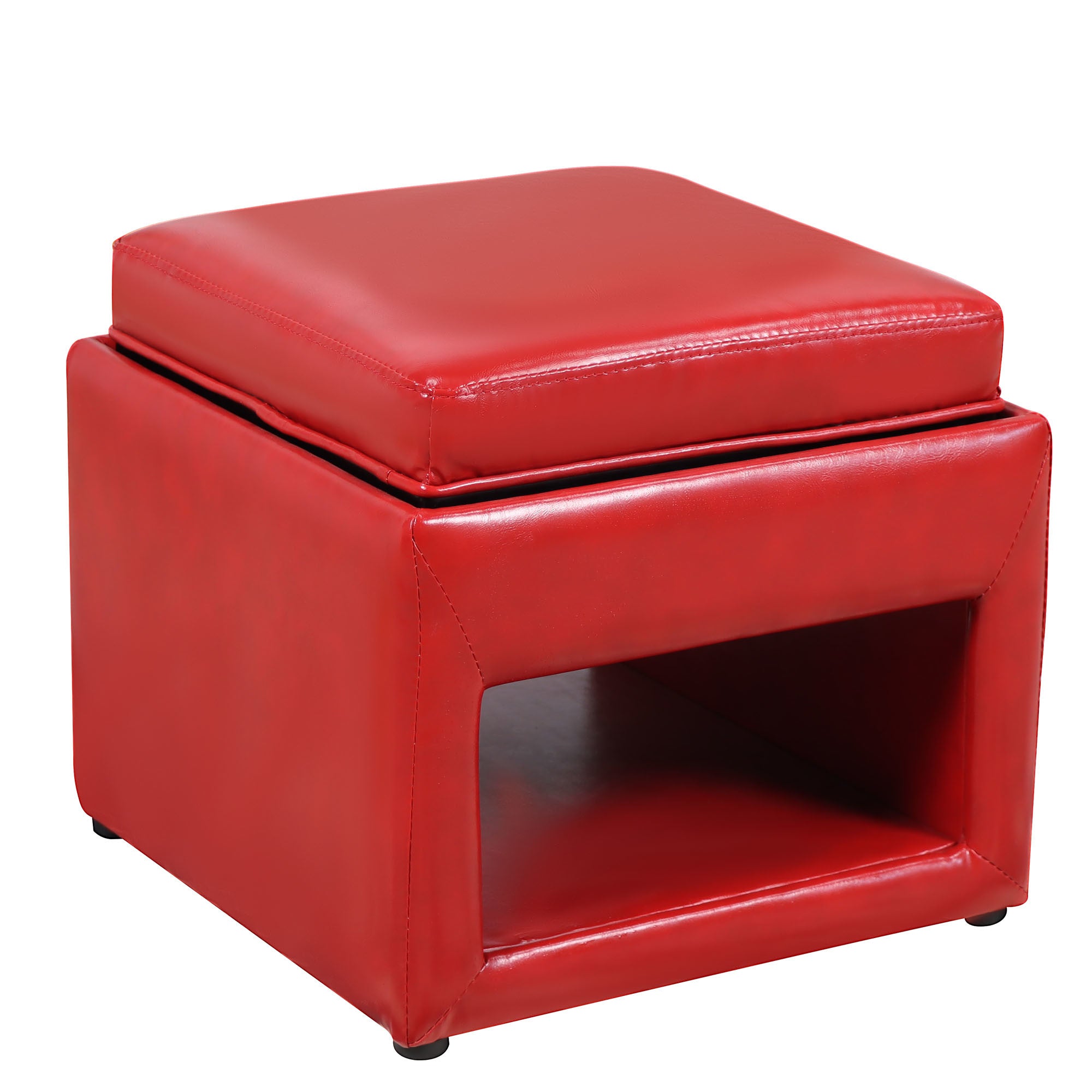 Stylish Faux Leather Upholstered Storage Ottoman with Tray Square Footrest Stool