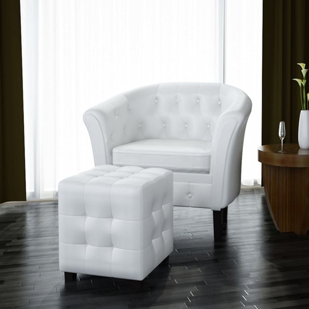 Tub Chair with Footstool White Faux Leather